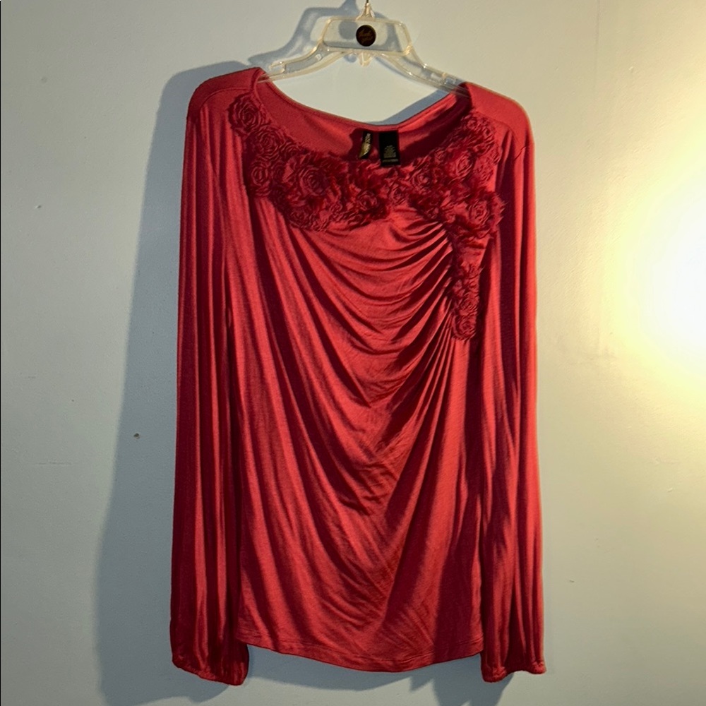 Bisou Bisou pink  Long Sleeve Top with Floral Detail size xl new with tags!